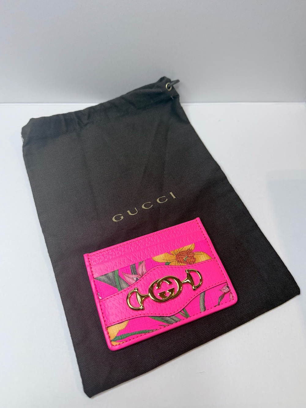 Gucci Hot Pink Floral Leather Card Holder with Gold Hardware